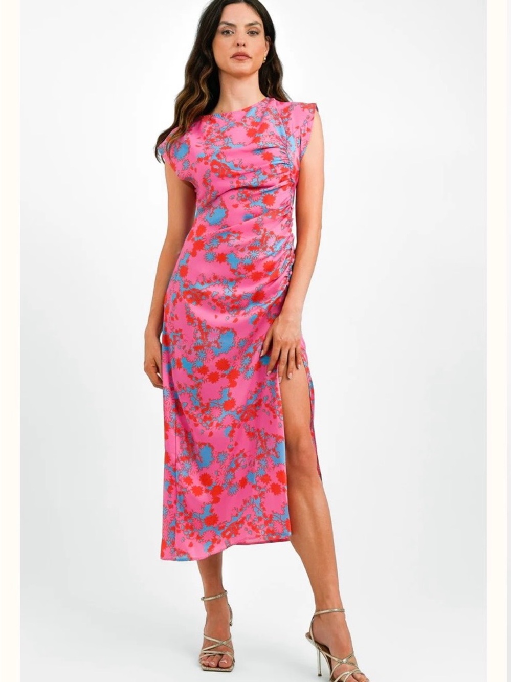 ASOS Pink Floral Print Midi Dress with Side Thigh Slit